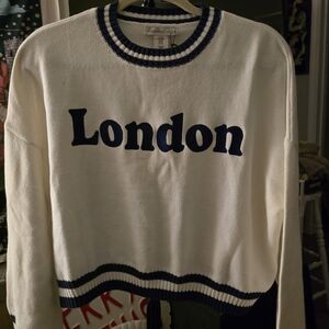 Sincerely Jules Cream "London" Crewneck Sweater with Navy Trim